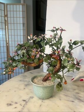 Vintage Chinese Jade Bonsai Tree Rose Quartz Glass Flowers Celadon Pot 14” Decor